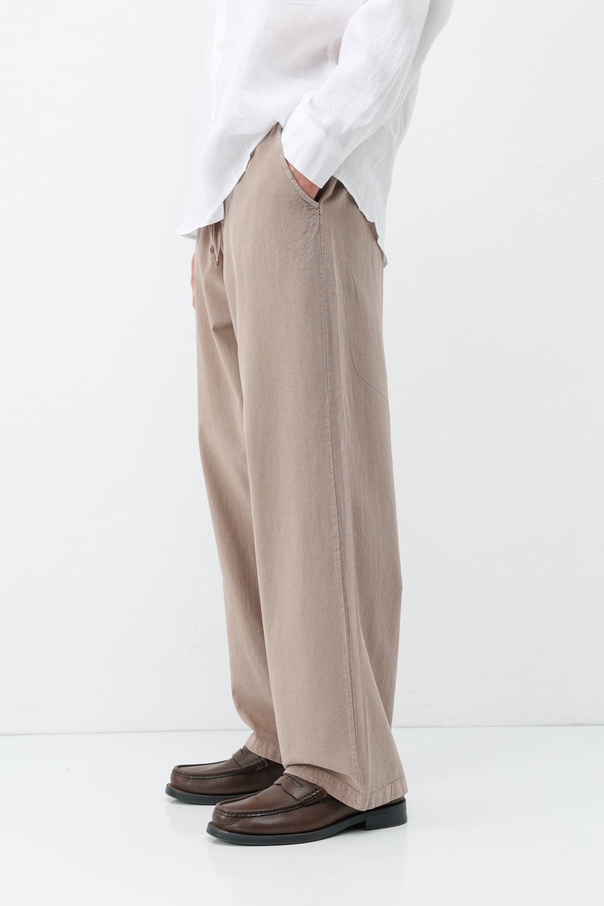 Bel Lastikli Baggy Fit Keten Pantolon Vizon