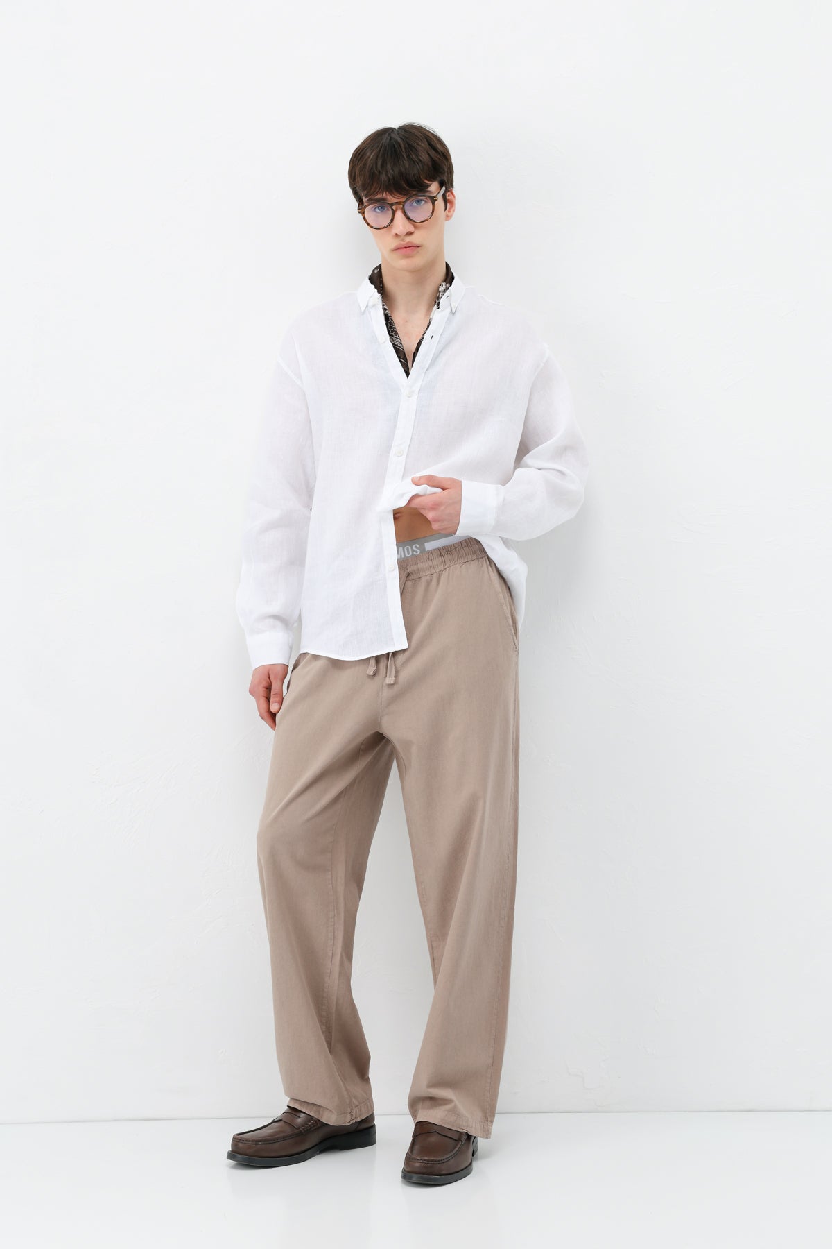 Bel Lastikli Baggy Fit Keten Pantolon Vizon