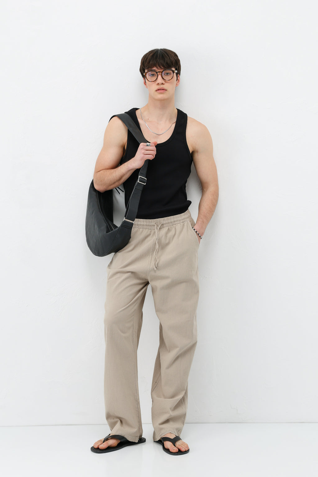 Bel Lastikli Baggy Fit Keten Pantolon Taş