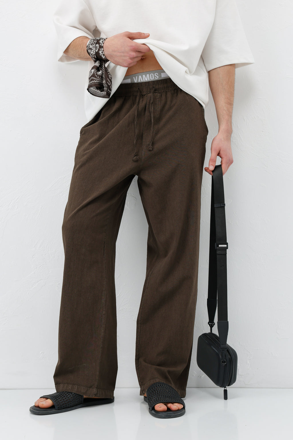 Bel Lastikli Baggy Fit Keten Pantolon Kahve
