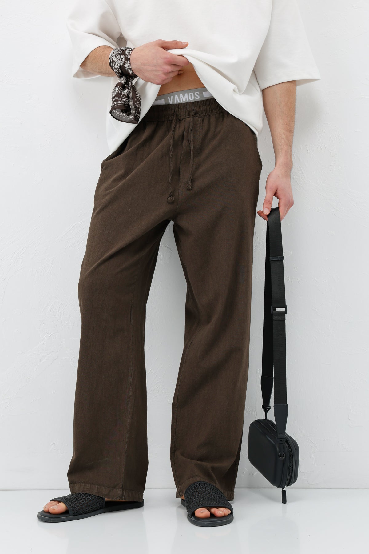 Bel Lastikli Baggy Fit Keten Pantolon Kahve
