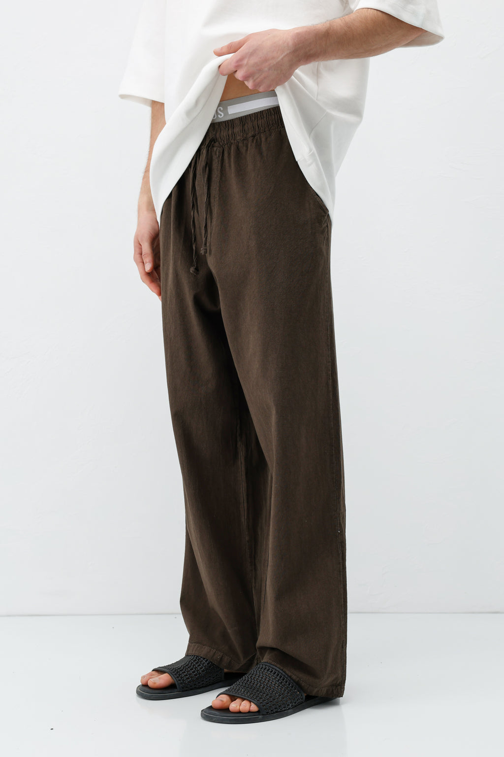 Bel Lastikli Baggy Fit Keten Pantolon Kahve