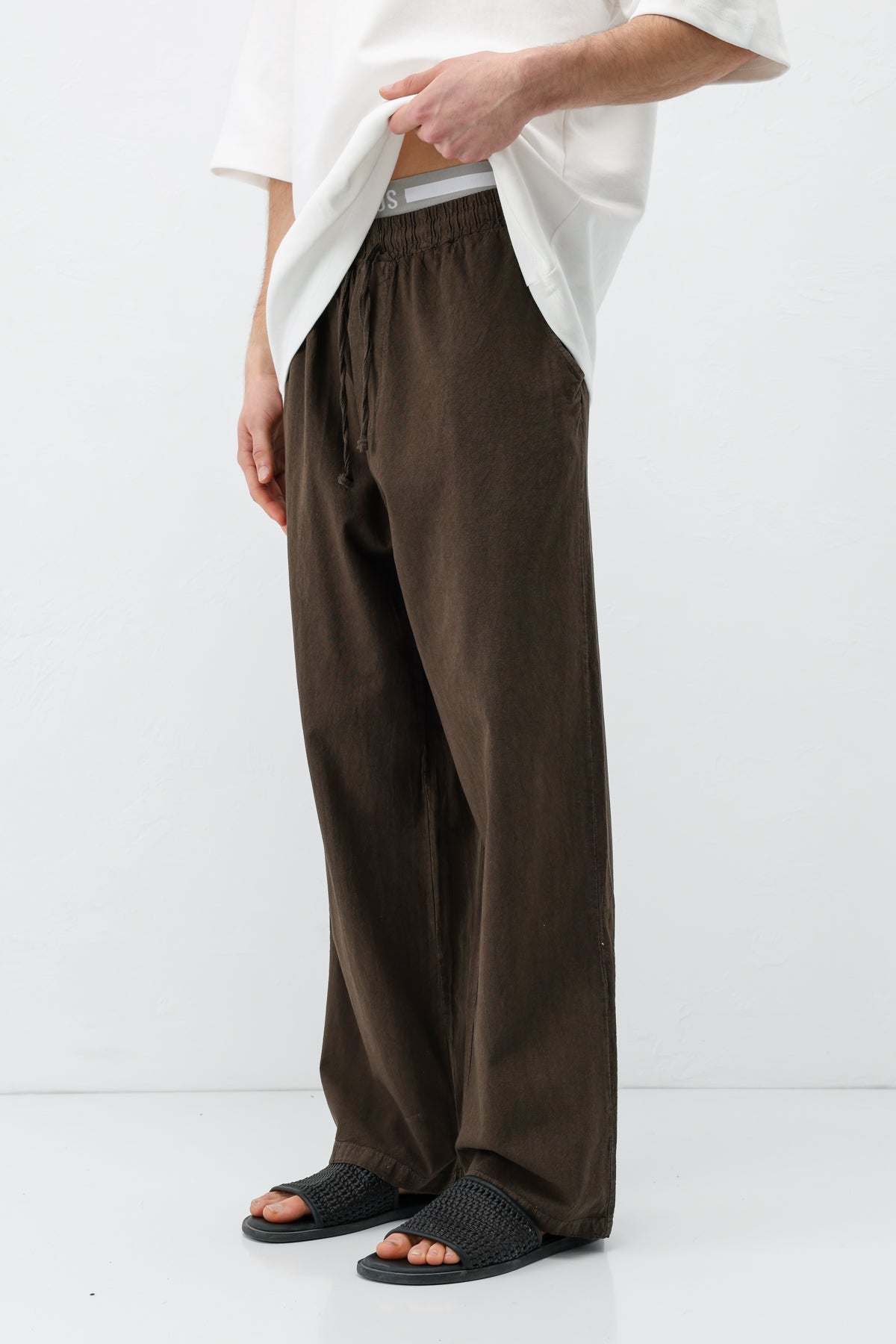 Bel Lastikli Baggy Fit Keten Pantolon Kahve