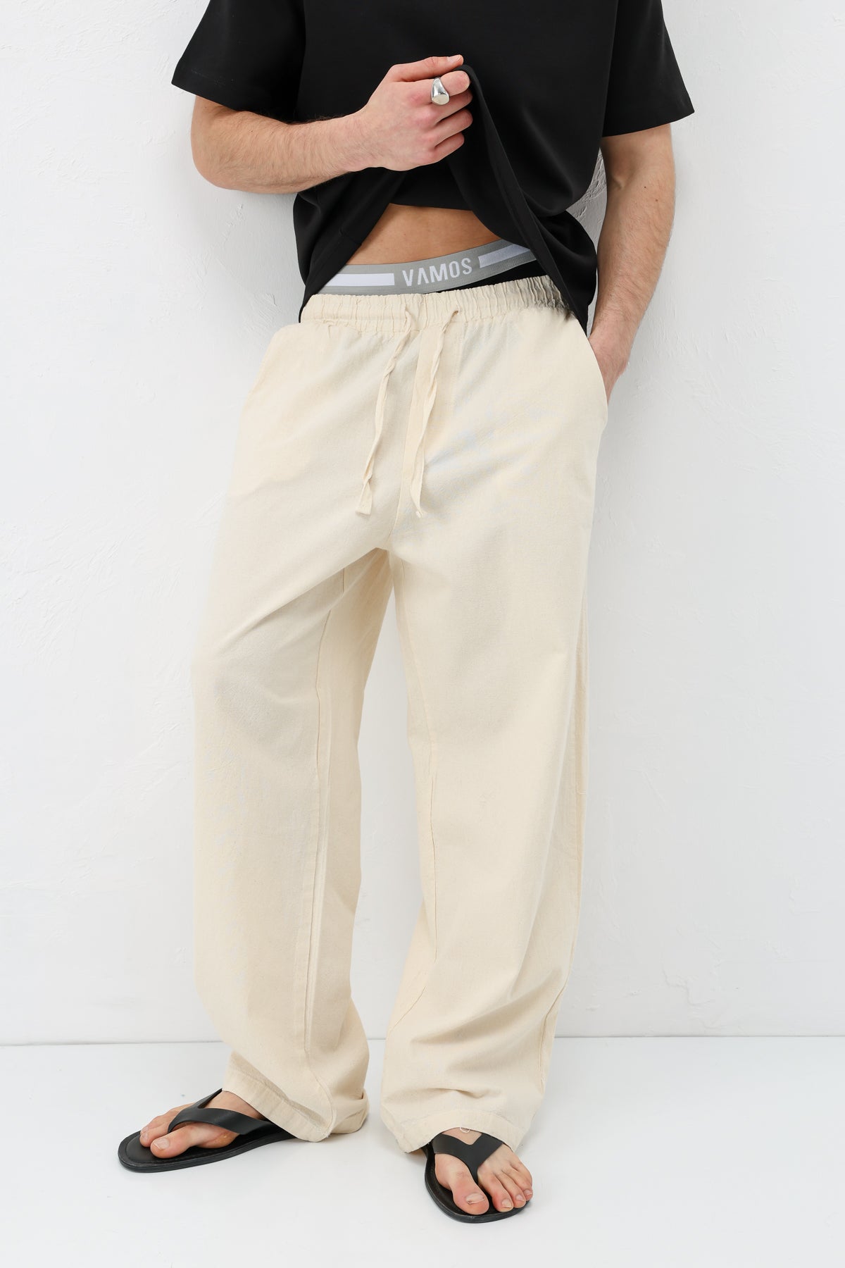 Bel Lastikli Baggy Fit Keten Pantolon Natural