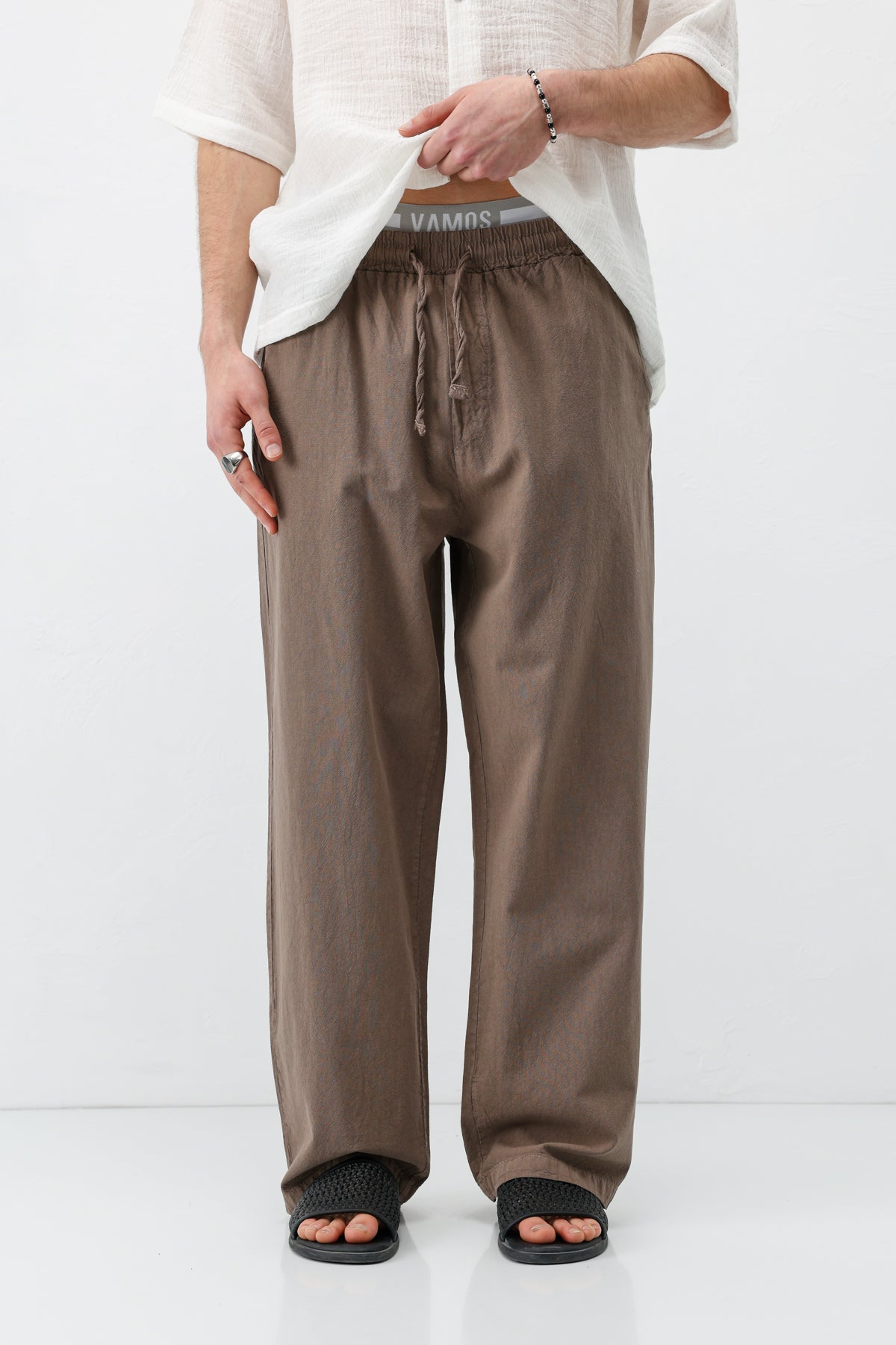 Bel Lastikli Baggy Fit Keten Pantolon Açık Kahve