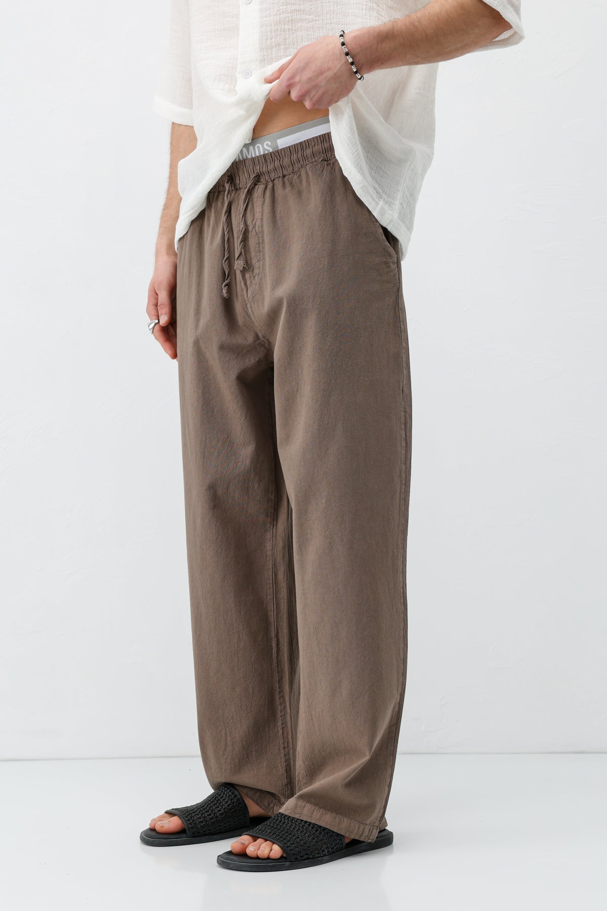 Bel Lastikli Baggy Fit Keten Pantolon Açık Kahve
