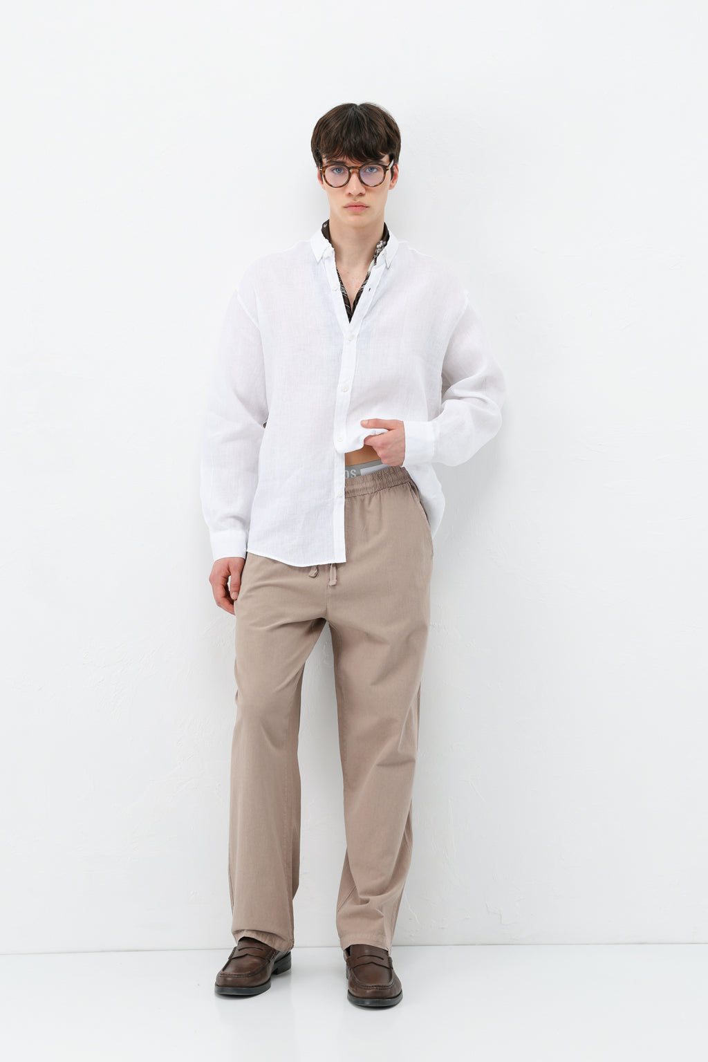 Bel Lastikli Baggy Fit Keten Pantolon Açık Kahve