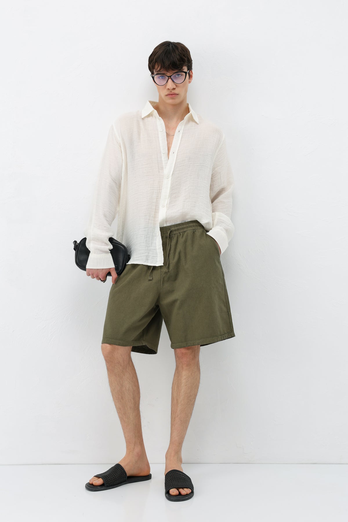 Oversize Keten Şort Haki