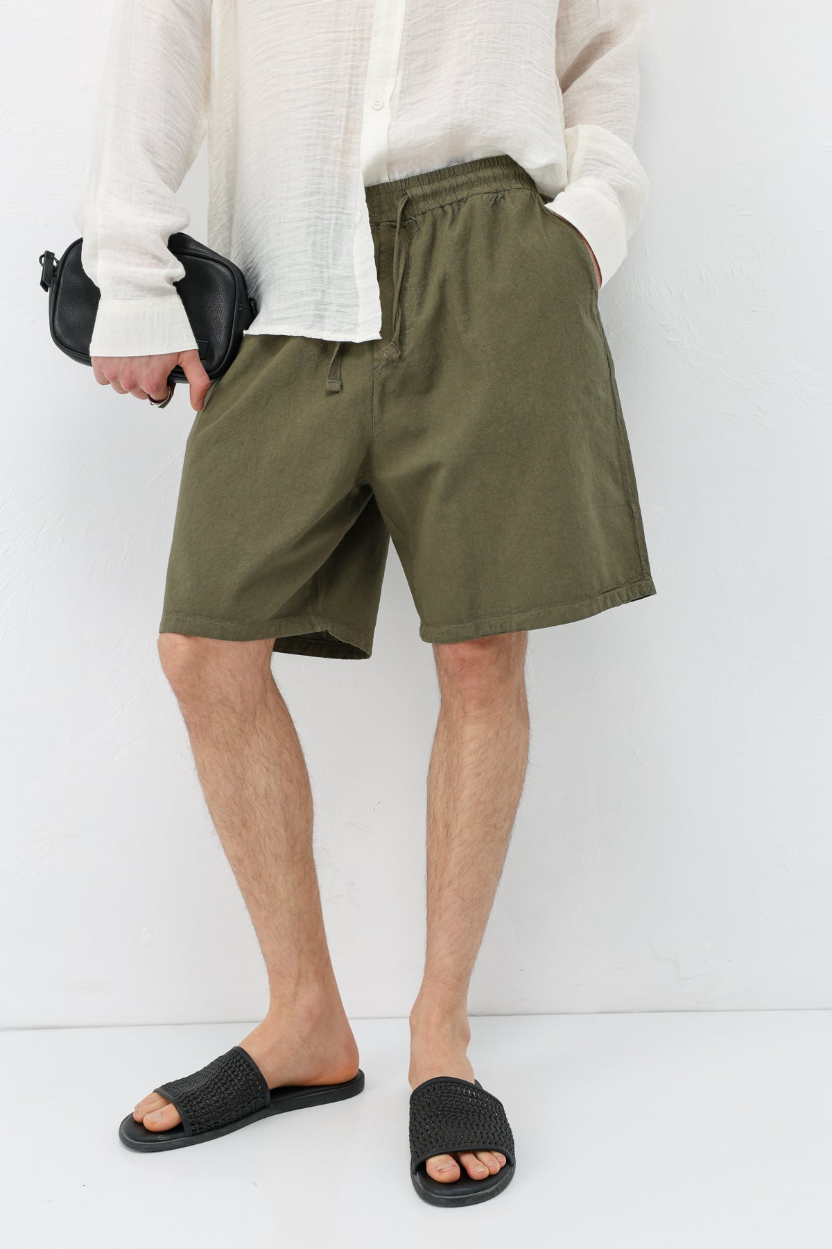 Oversize Keten Şort Haki