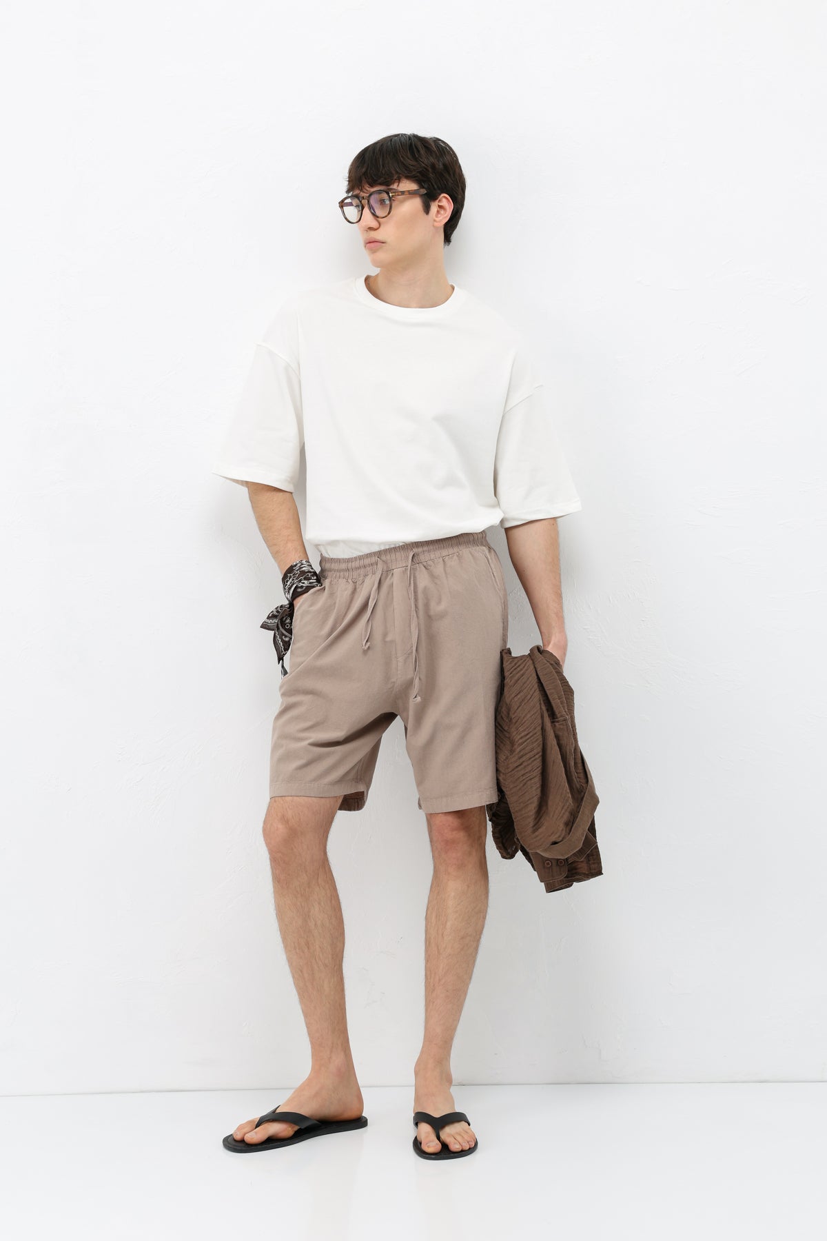 Oversize Keten Şort Taş