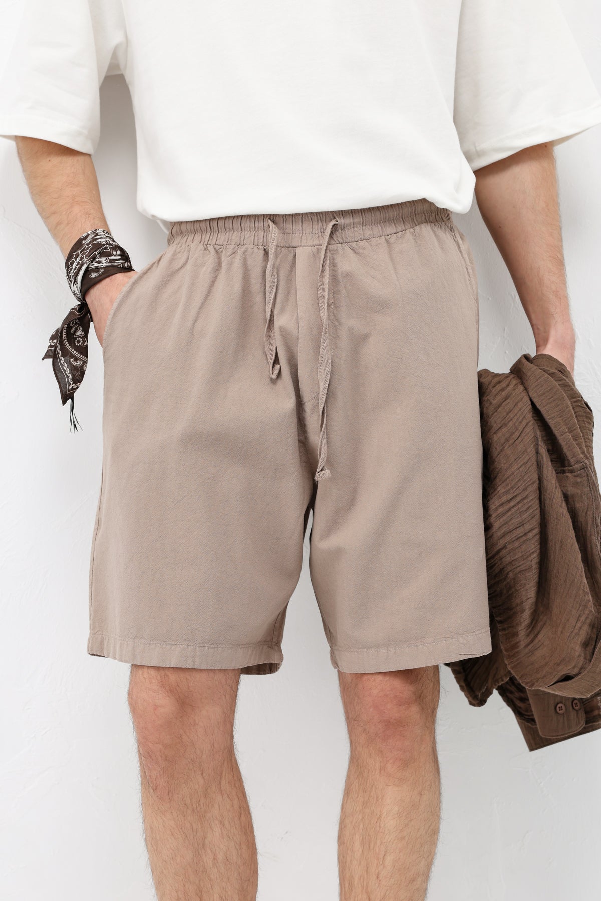 Oversize Keten Şort Taş