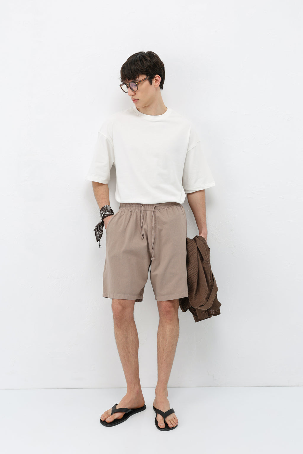 Oversize Keten Şort Taş