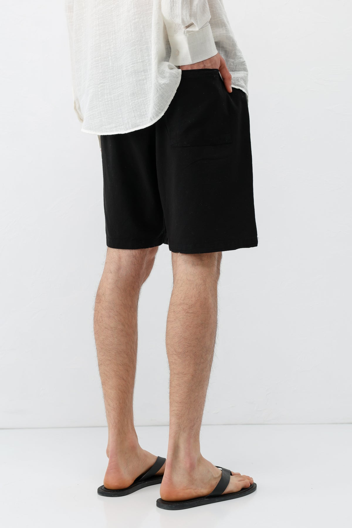Kemerli Oversize Keten Şort Siyah