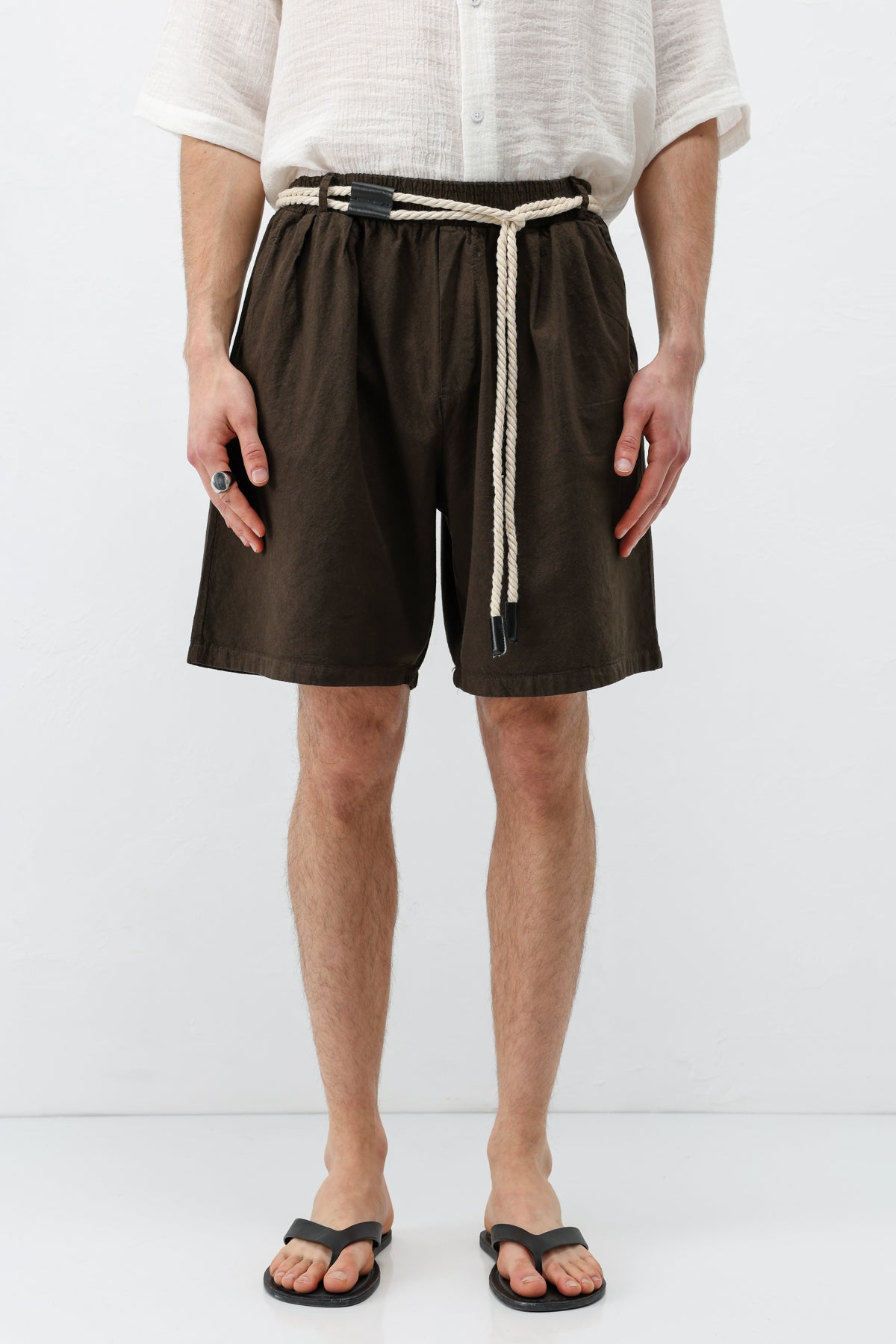 Kemerli Oversize Keten Şort Kahve
