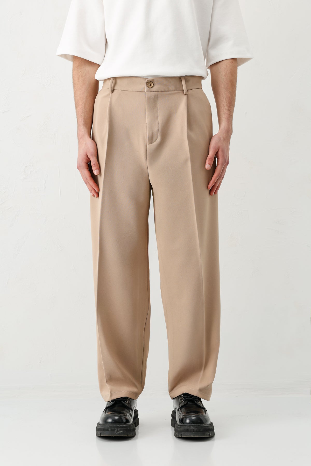 Baggy Fit Pilili Pantolon Bej