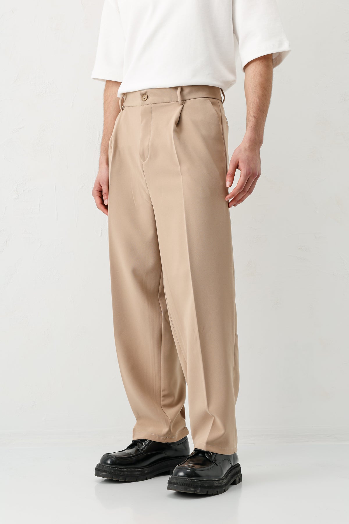 Baggy Fit Pilili Pantolon Bej