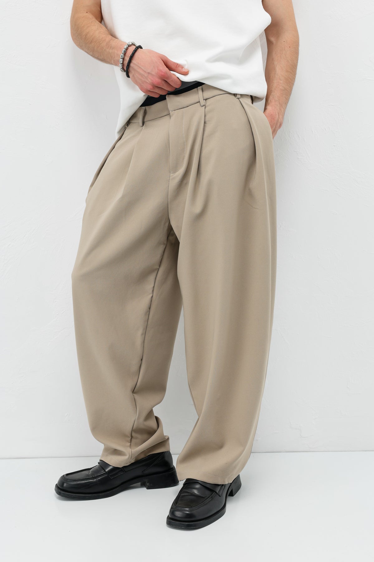 Barrel Fit Tailored Pantolon Bej